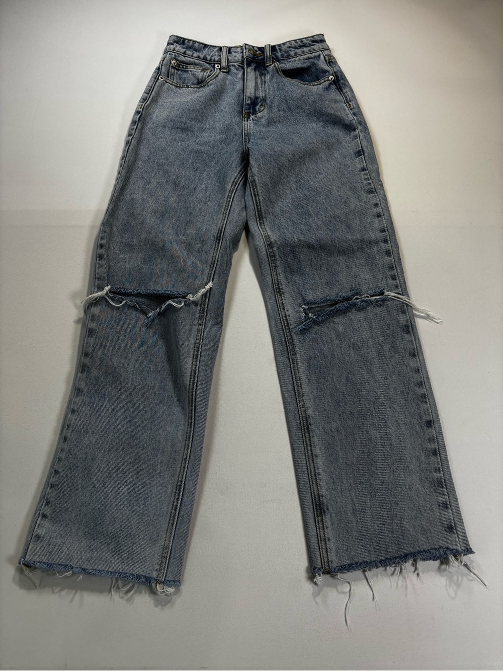 Princess Polly Washed Blue Straight-Leg Distressed Jeans